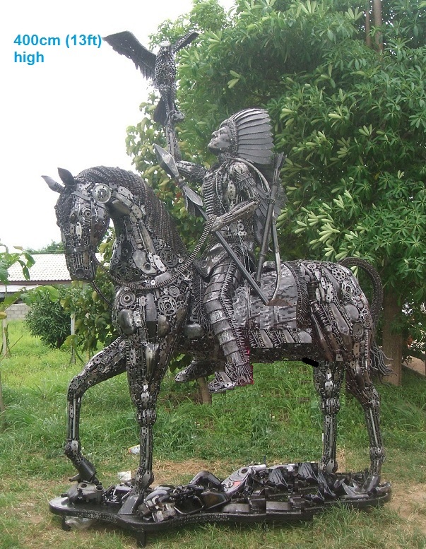 American indian statue on horseback life size scrap metal art for sale