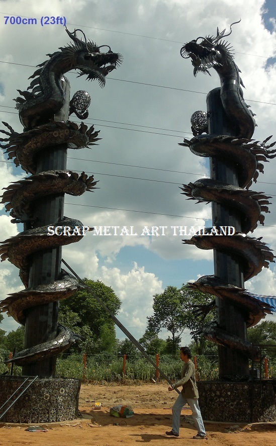 Giant chinese dragon pillar statue scrap metal art for sale
