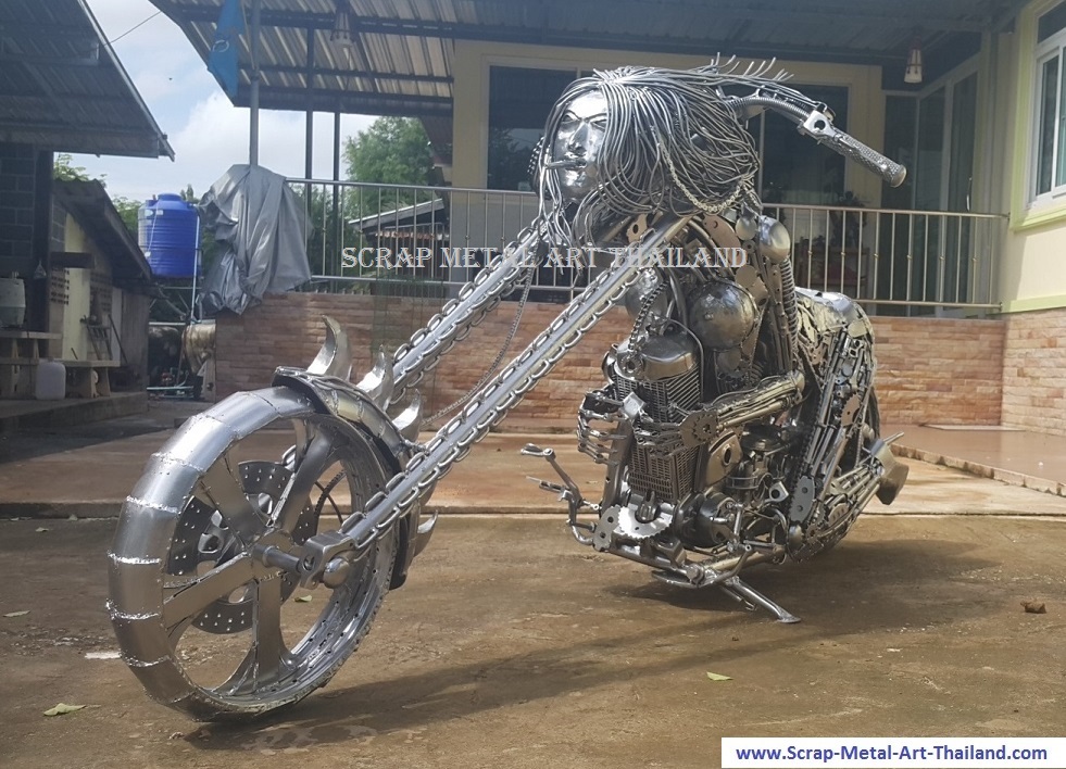 fantasy superbike lady chopper, scrap metal art, life size