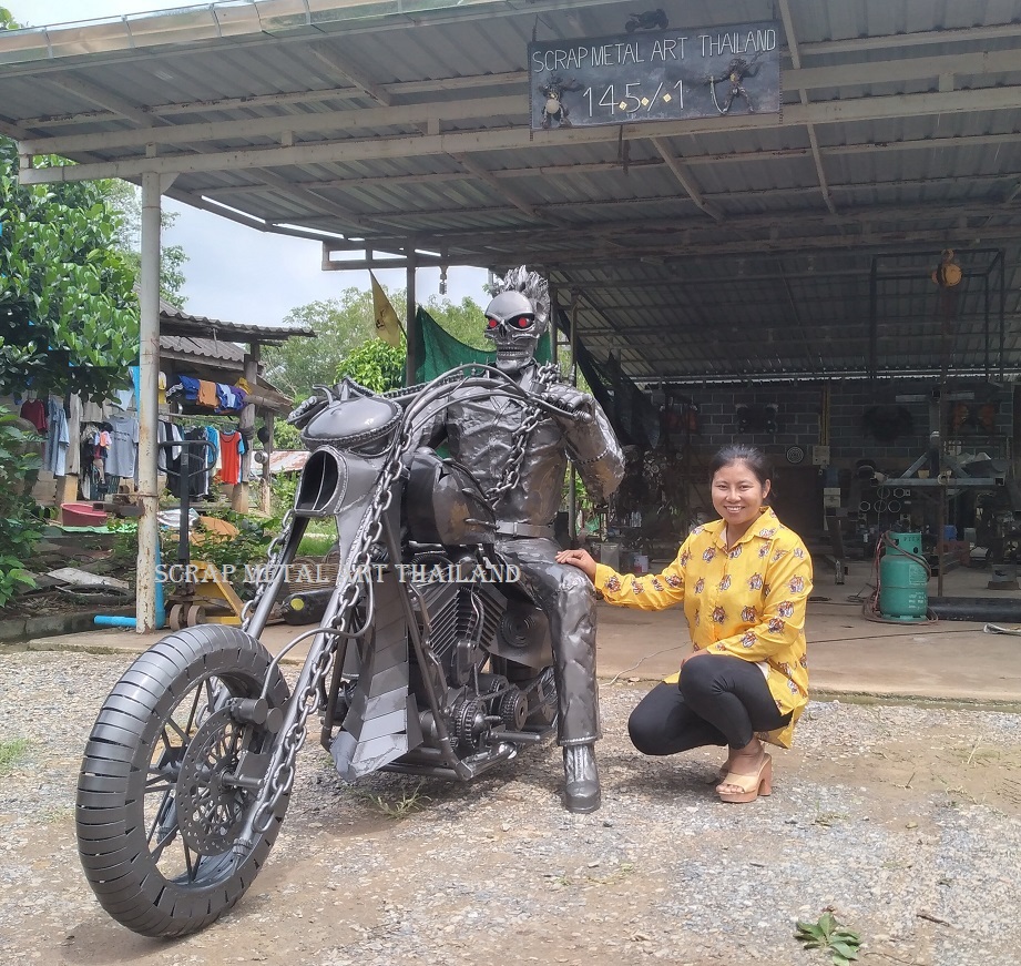 ghostrider statue on chopper full life size scrap metal art for sale