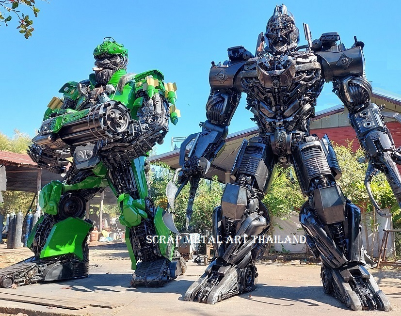 Giant Transformers Hound and Megatron statues, scrap metal art sculptures, made in Thailand