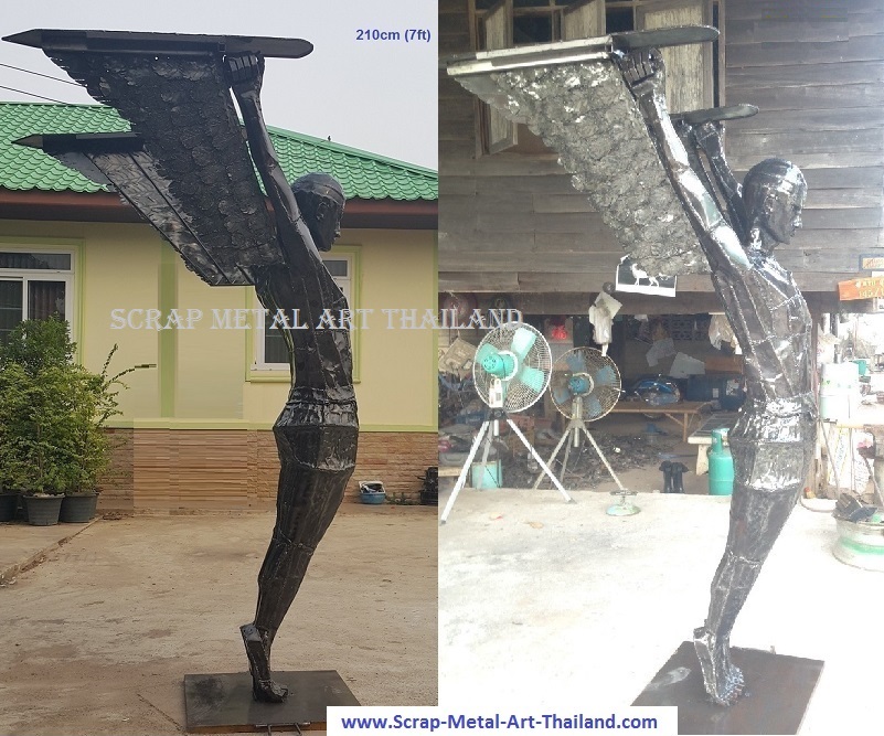 Icarus statue sculpture for sale, cubist style, life size scrap metal art