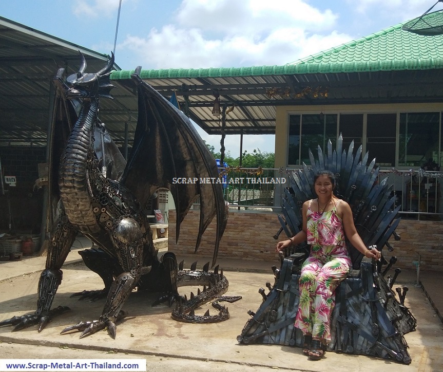 Iron Throne replica and life size Dragon statue, scrap metal art made in Thailand