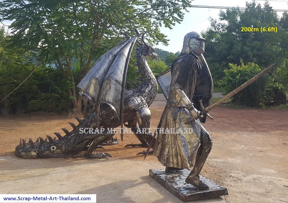 Crusader Knight statue for sale, lifesize medieval metal sculpture, with dragon, scrap metal art from Thailand