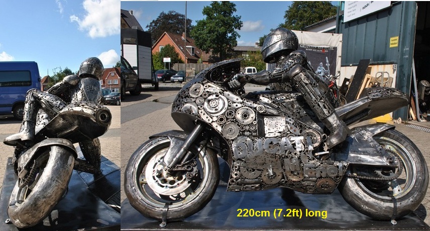 motorbike racing sculpture, scrap metal art, life size