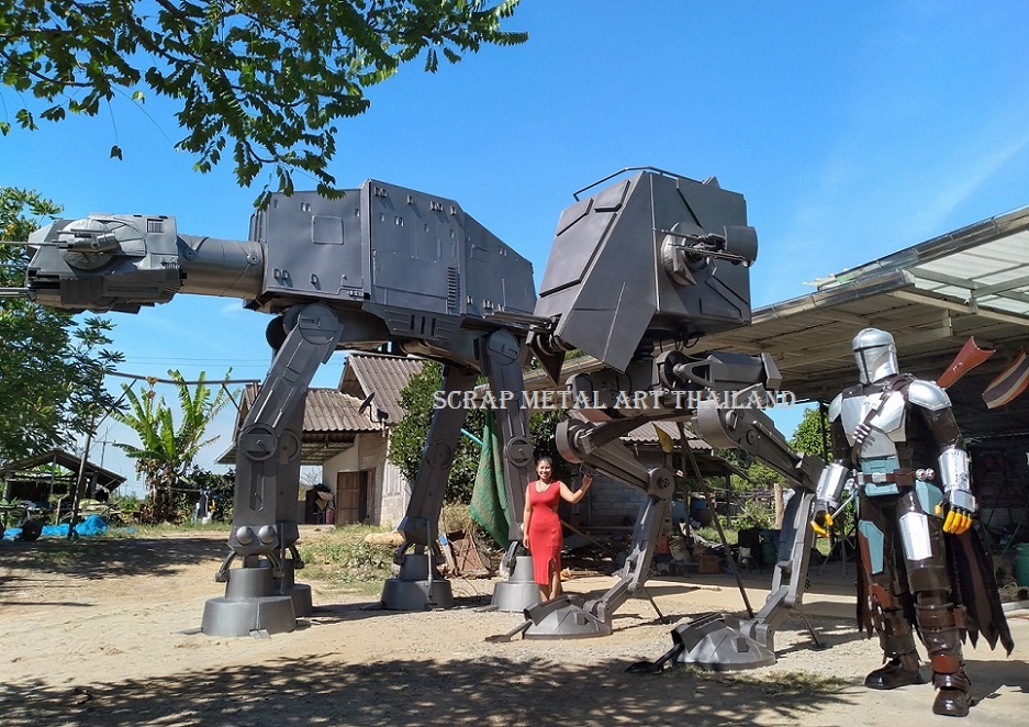Star Wars Imperial Walker AT-AT and AT-ST statues, and Mandalorian sculpture, life size scrap metal art from Thailand