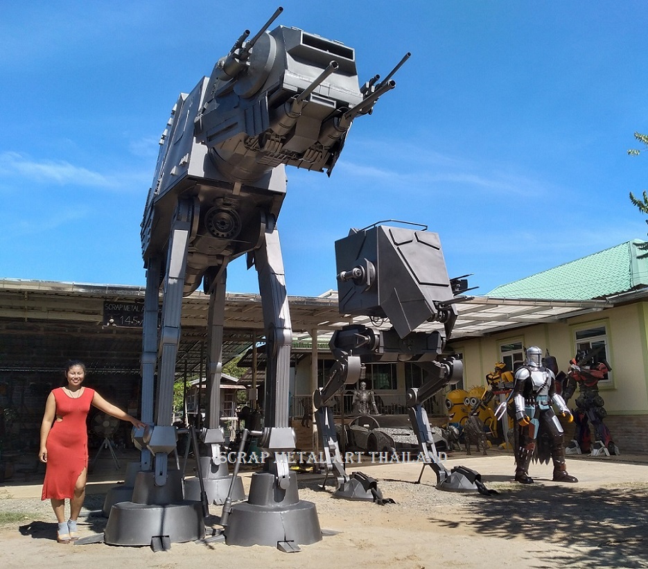 Star Wars Imperial Walker AT-AT and AT-ST statue, and Mandalorian sculpture, life size scrap metal art for sale, from Thailand