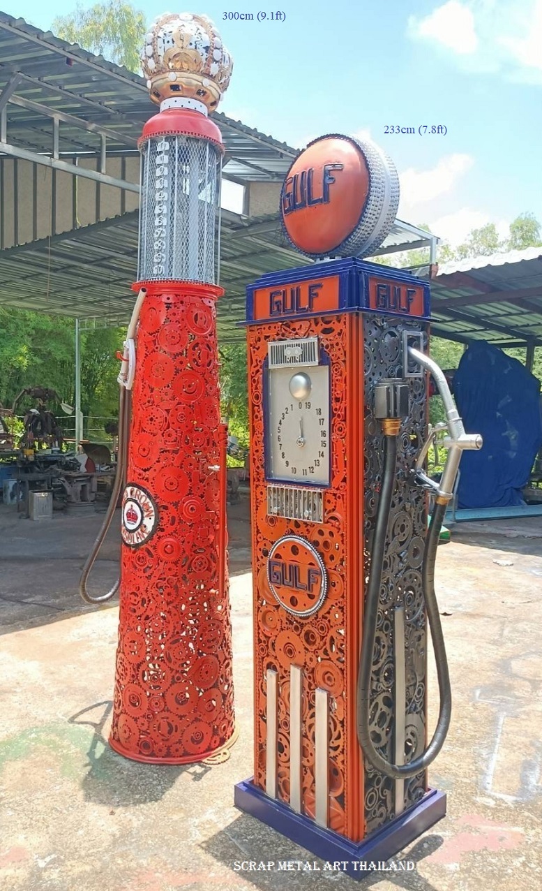 Vintage USA Gas Pump replicas, life size scrap metal art sculptures