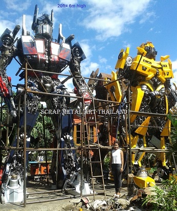 Giant Transformers Bumblebee Optimus Prime statues, made in Thailand, now at Stillwater OK Oklahoma, 20ft (6m) tall