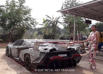 Lamborghini Veneno life size 1/1 replica, from scrap metal, made in Thailand, rear view