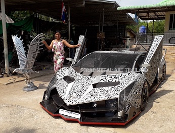 Lamborghini Veneno life size 1/1 replica, from scrap metal, made in Thailand, scissor doors view