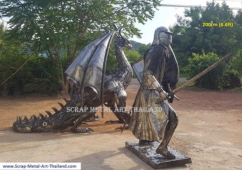Crusader Knight Statue for sale, lifesize medieval metal Sculpture, with dragon, scrap metal art from Thailand