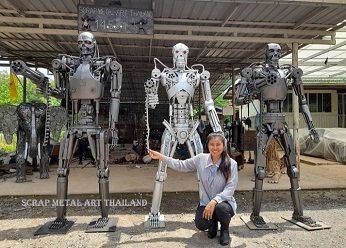 Terminator statues, T800 and Genisys style, Genisys life size scrap metal art sculptures made in Thailand