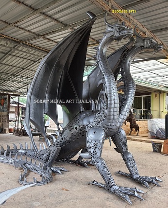 Two headed Dragon statue sculpture, life size metal animal art made in Thailand